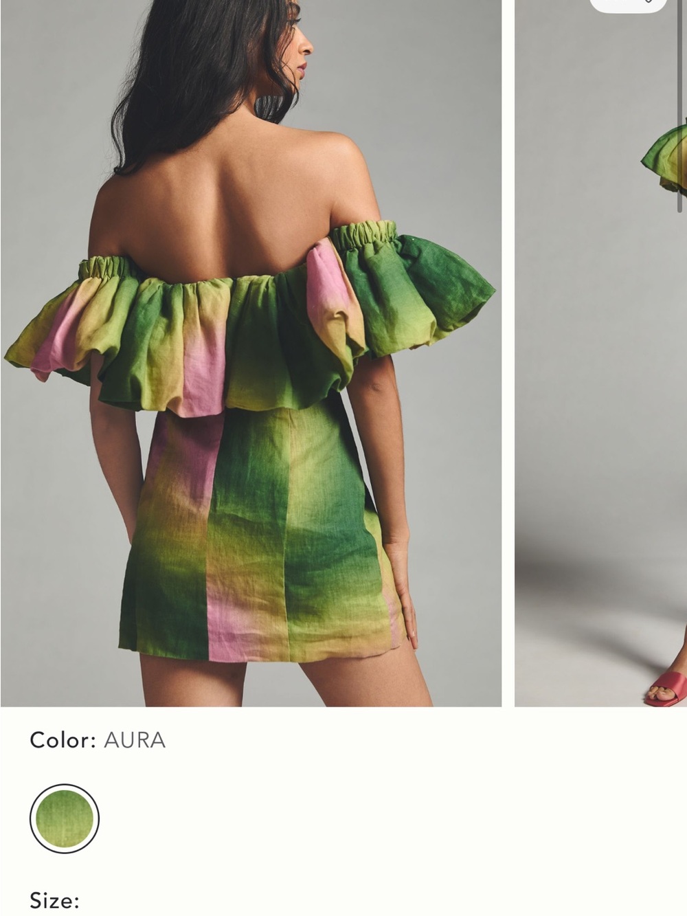 Anthropology Green and Pink Off-Shoulder Ruffle Mini Dress - Picture 2 of 3